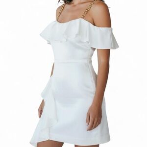 NWT Calvin Klein One-Shoulder Ruffle Mini Dress with Gold Chain Straps in White